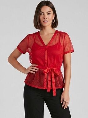 Banana Republic Sheer Red Polka Dot Blouse with Waist Tie - Size M
